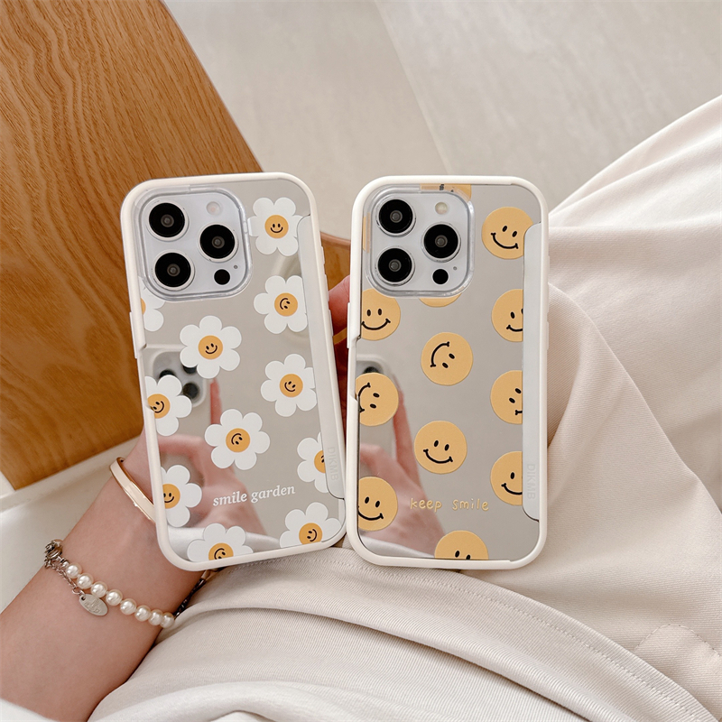 翻盖支架双面镜-wiggle太阳花笑脸适用iPhone 13 Pro Max新款保护套16Pro Max防摔苹果15 Pro Max简约手机壳1