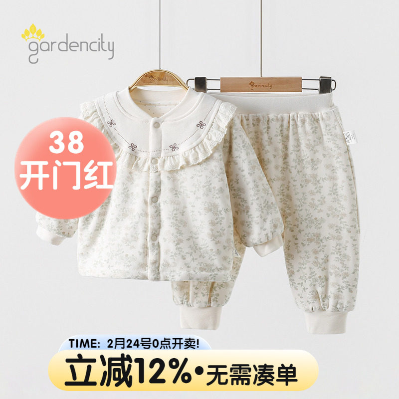 婴儿家居服套装秋冬季保暖80g夹棉甜美花边女宝宝大PP裤薄棉睡衣