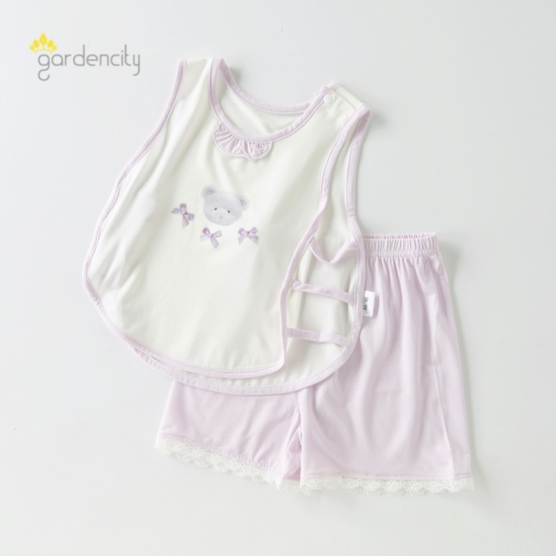 婴儿背心短裤套装夏季薄款莫代尔凉感女宝宝卡通小熊琵琶衣两件套