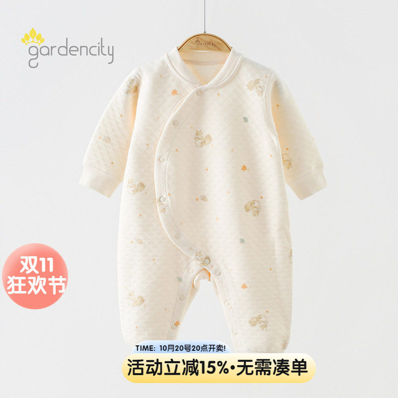 婴儿连体衣秋冬季纯棉三层保暖打底内衣新生儿小宝宝长袖哈衣夹棉