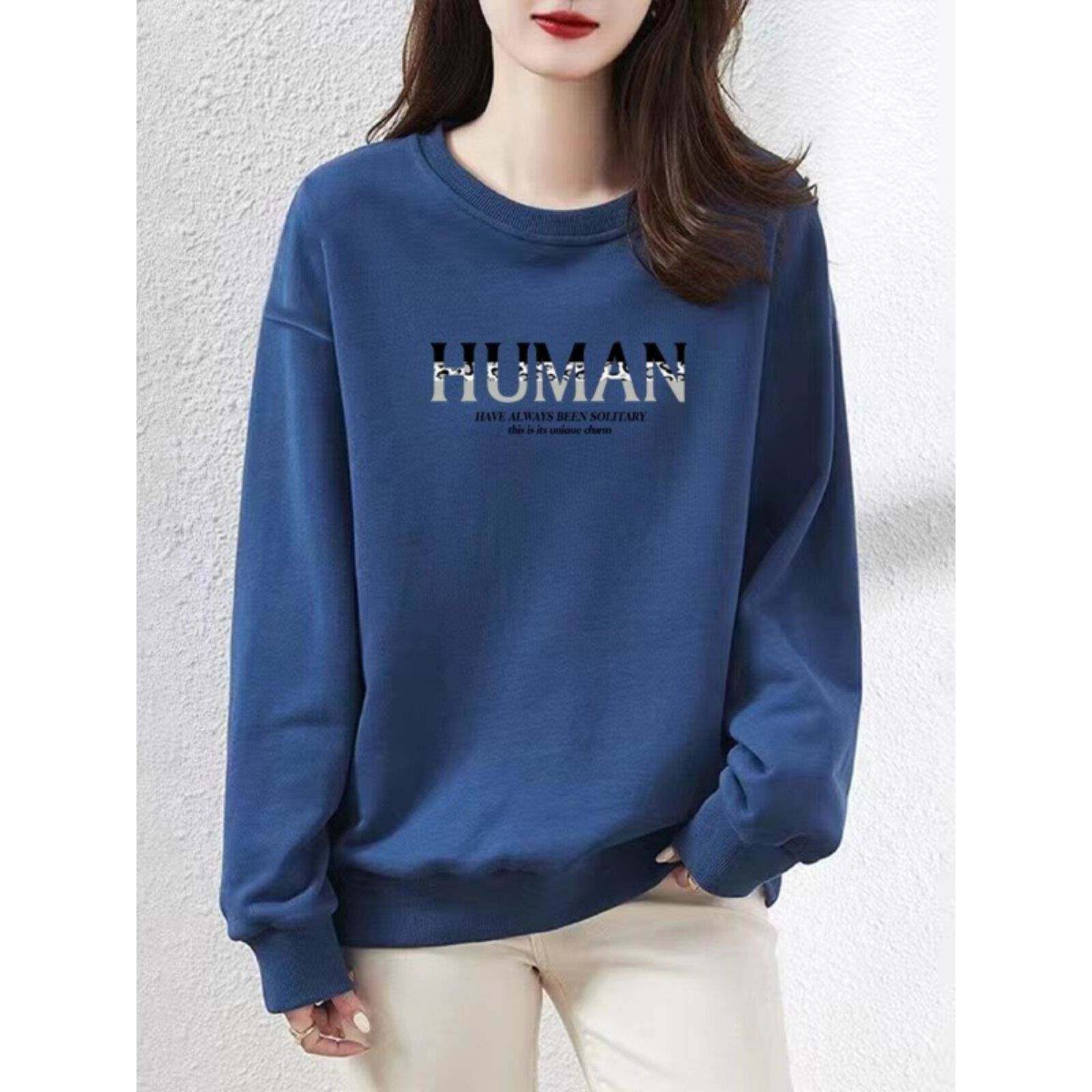 韩国无帽圆领字母卫衣女2025春秋新款宽松百搭加绒印花长袖上衣潮