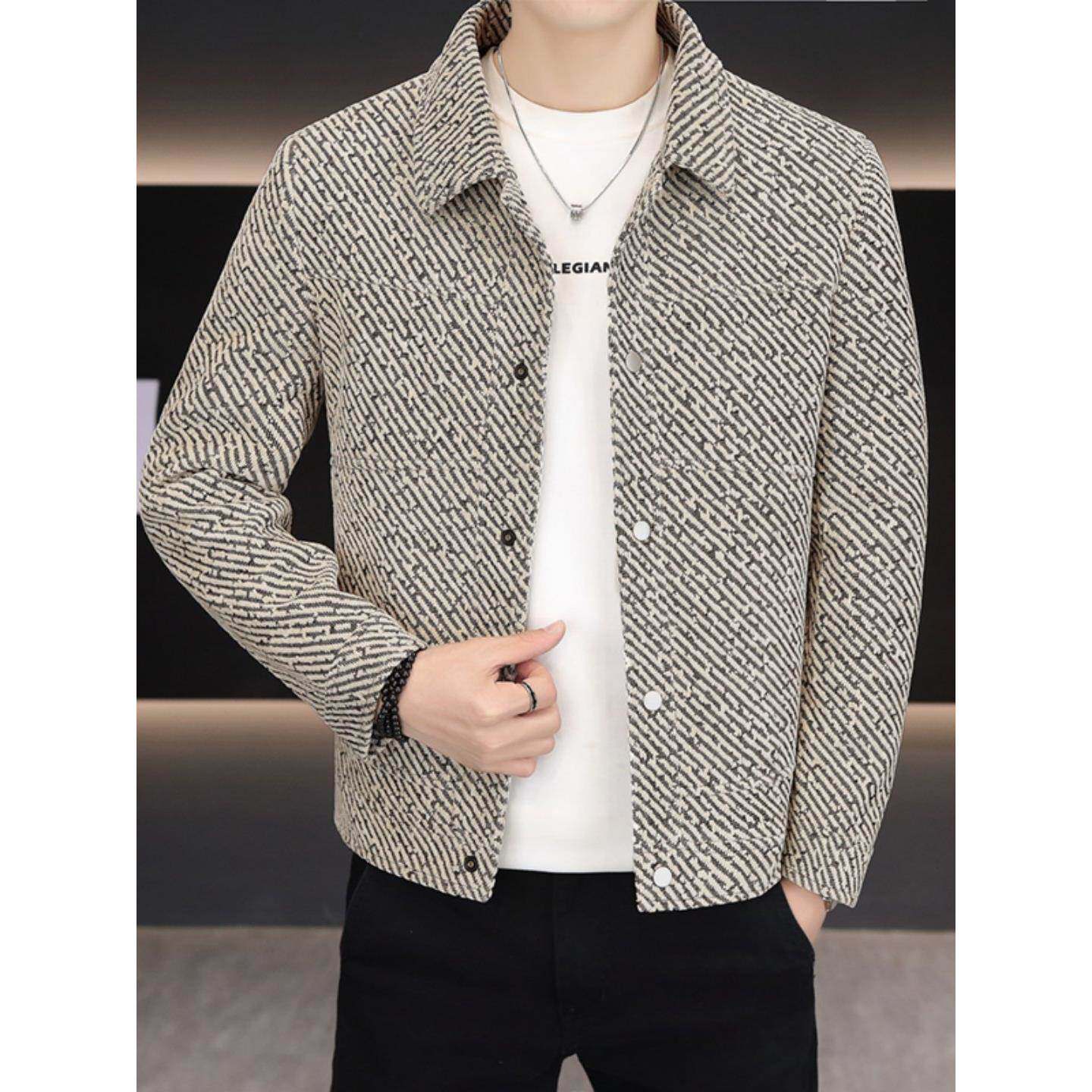 秋冬季男士外套高端呢子新款休闲翻领修身潮流短款加厚轻熟风夹克