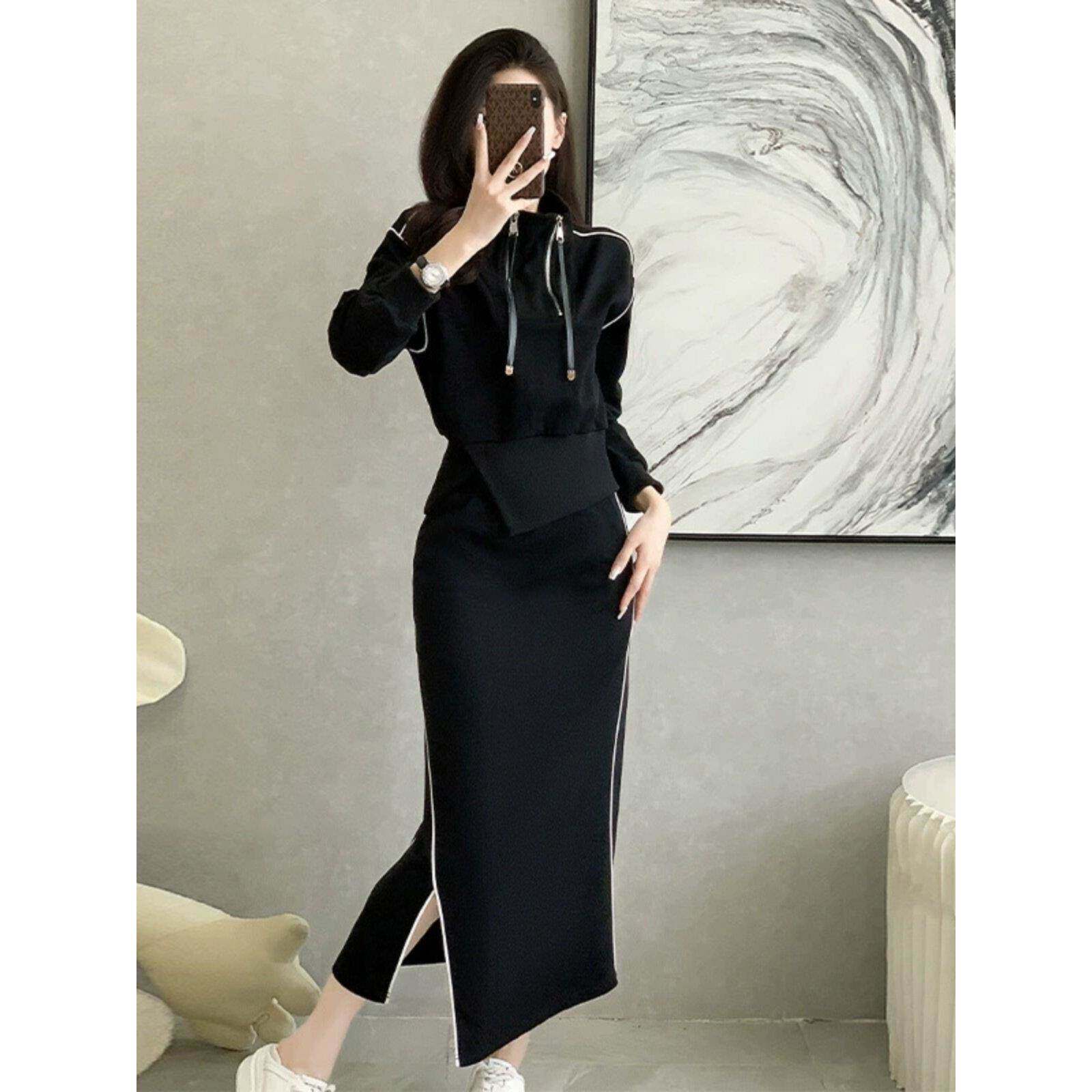 欧站春秋季套装女装两件套时尚优雅高端长袖休闲运动衫开叉裙