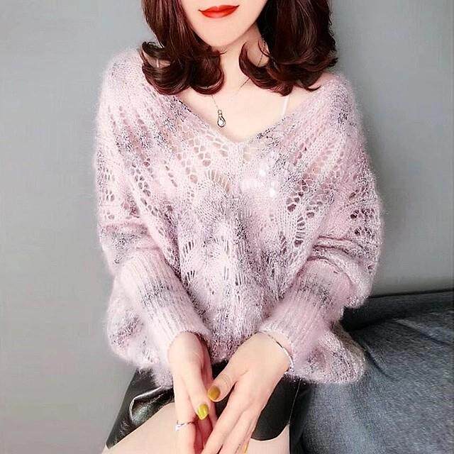 欧货马海毛v领毛衣女2024新款春秋镂空爆款粉色高级感洋气针织衫