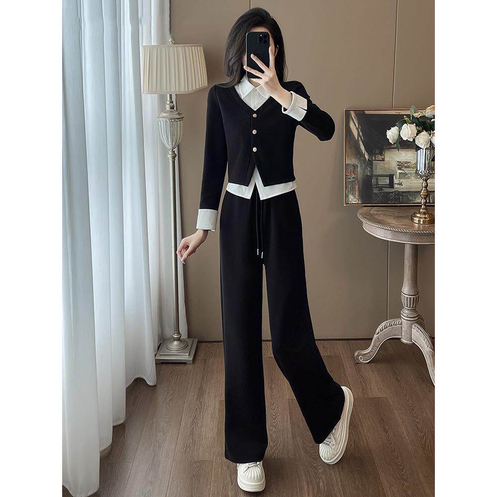 欧洲站黑白撞色衬衫领时尚套装女2025新款春秋冬季阔腿裤两件套潮