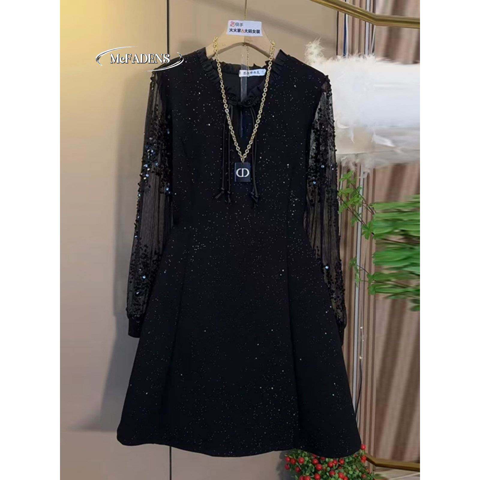 香港胖MM大码时尚覆古盘扣亮片中长显瘦气质百搭春季新款连衣裙子