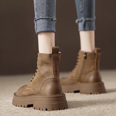 香港厚底真皮马丁靴女2025秋冬新款系带机车靴子百搭加绒增高短靴