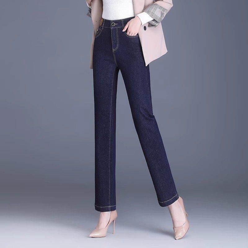 加厚直筒牛仔裤女春秋季中年妈妈大码长裤子高腰显瘦不掉色休闲裤