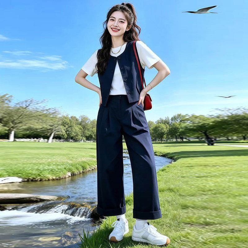 香港代购时尚休闲套装女2026夏新款洋气显瘦马甲T恤阔腿裤三件套