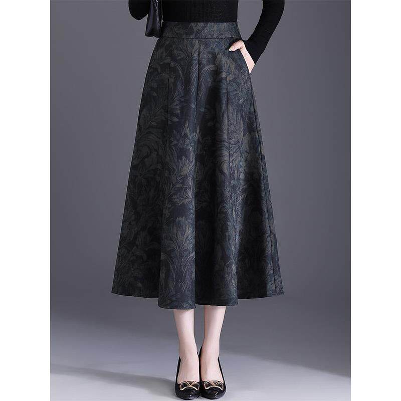 覆古印花半身裙女2025秋冬新款高腰垂感a字裙遮胯中长款大摆伞裙