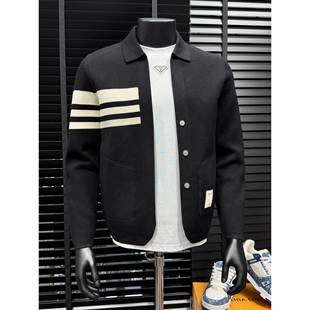 欧洲站轻奢条纹针织开衫男士时尚休闲毛衣老钱风修身商务短款外套