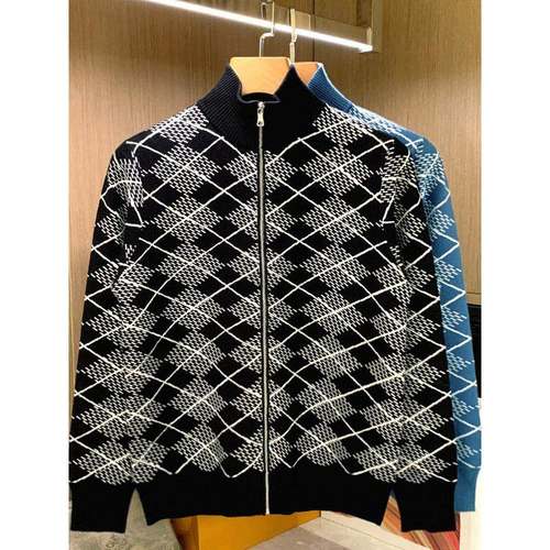 Mostarsea~覆古轻奢风修身针织衫男秋冬高端撞色半高拉炼菱格毛衣