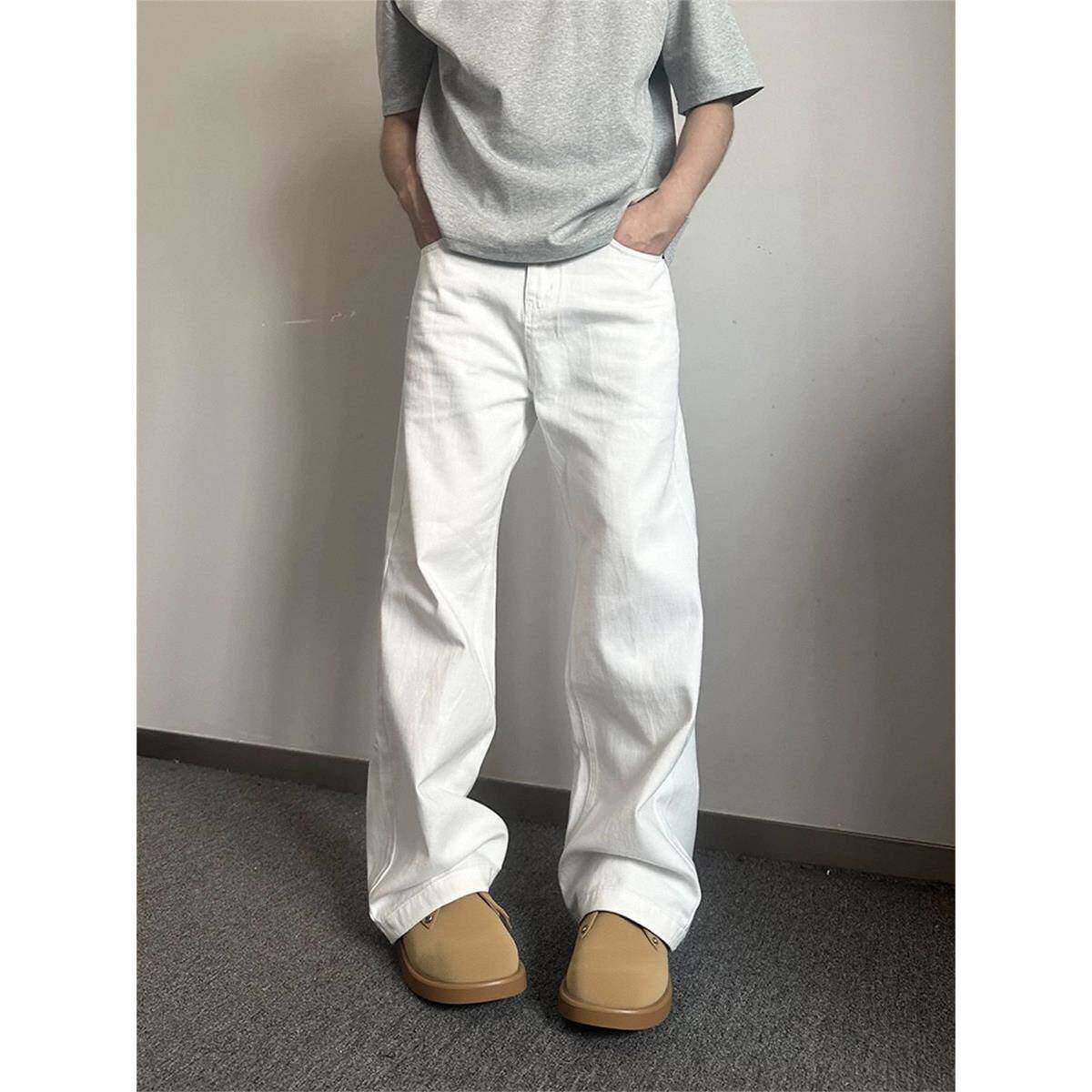 美式潮牌白色弯刀牛仔裤男春秋新款百搭宽松cleanfit直筒显瘦长裤