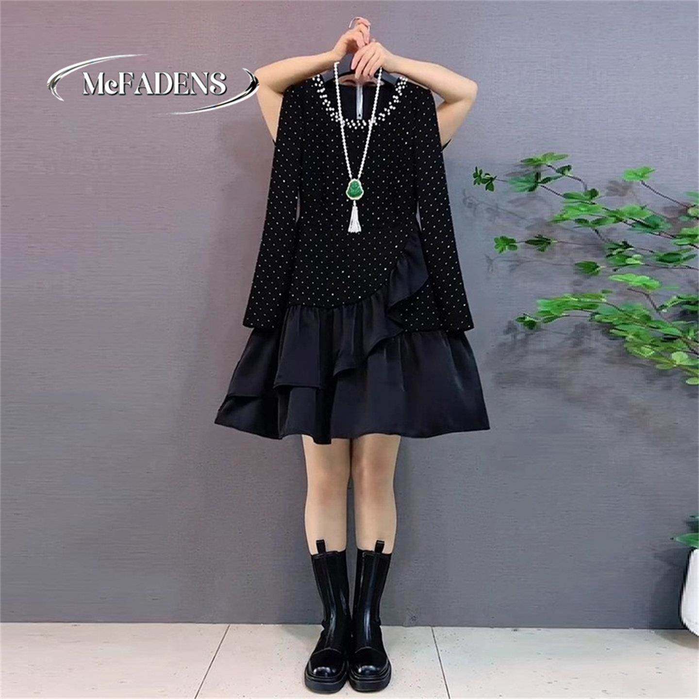 香港胖妹妹冬季新款法式大码女装时尚拼接赫本风烫钻钉珠连衣裙潮