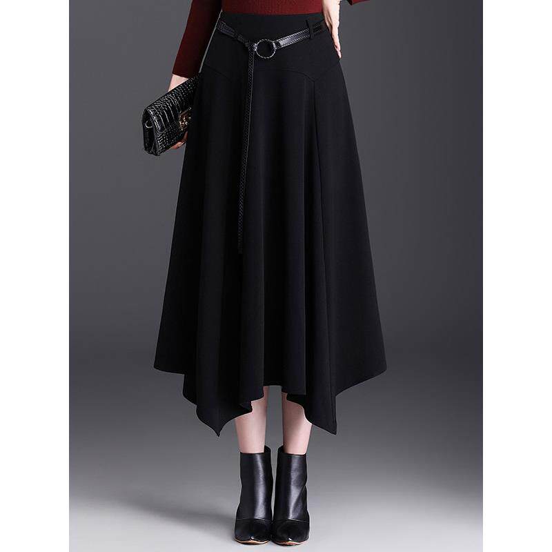黑色不规则半身裙女2025秋季新款高腰A字裙中长款休闲遮胯大摆裙