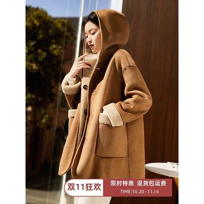 羊羔毛皮毛一体外套女中长款连帽两面穿2025冬新款羊剪绒皮草大衣