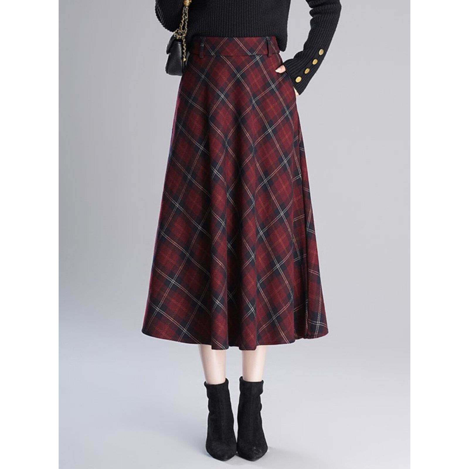 毛呢红色格纹半身裙女2025秋冬季学院风高腰a字裙中长款显瘦伞裙
