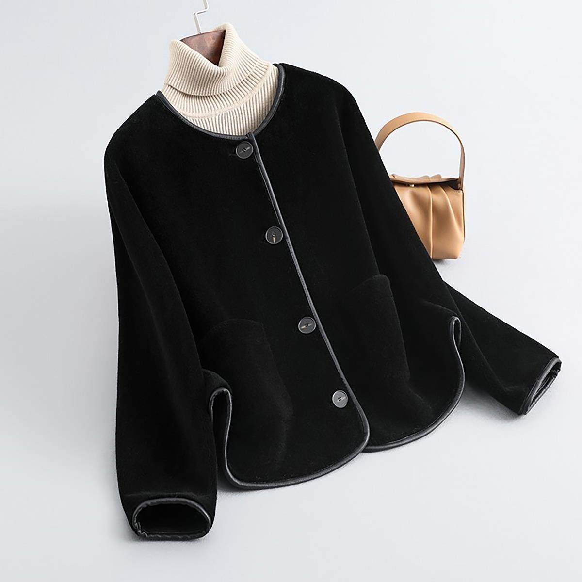 100%羊毛颗粒羊羔毛皮毛一体外套女短款小个子羊剪绒皮草大衣冬