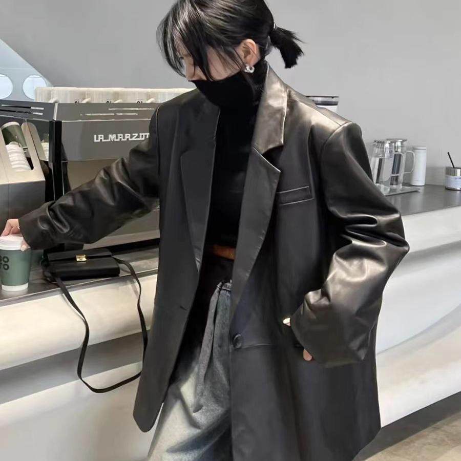 2025海宁秋冬季欧货高端新款黑色西装宽松短款皮衣夹克机车外套女