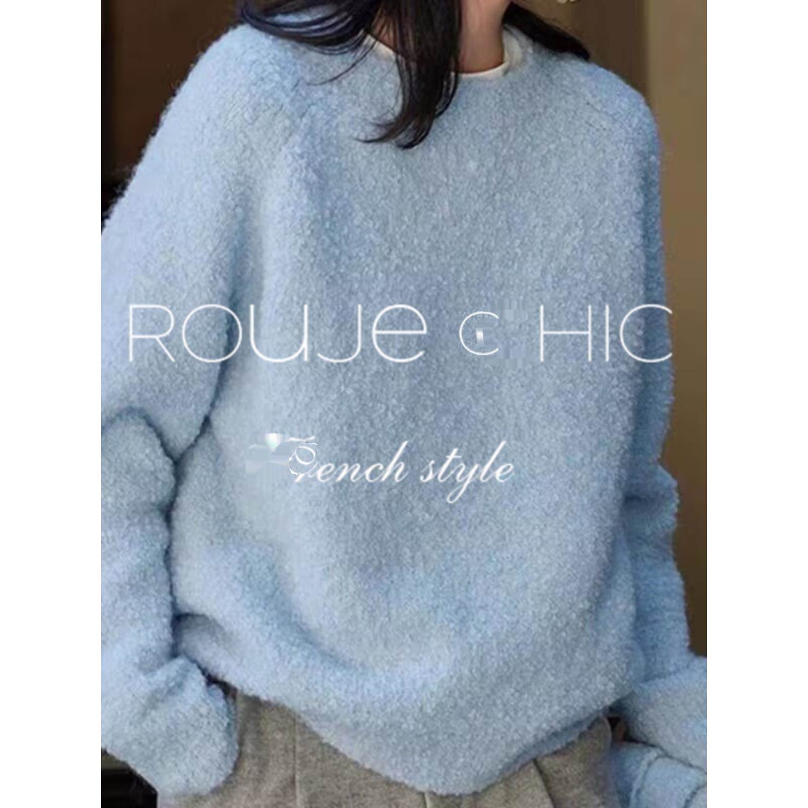 法国Rouje Chic法式小众蓝色颗粒感套头毛衣女秋冬高级针织衫上衣