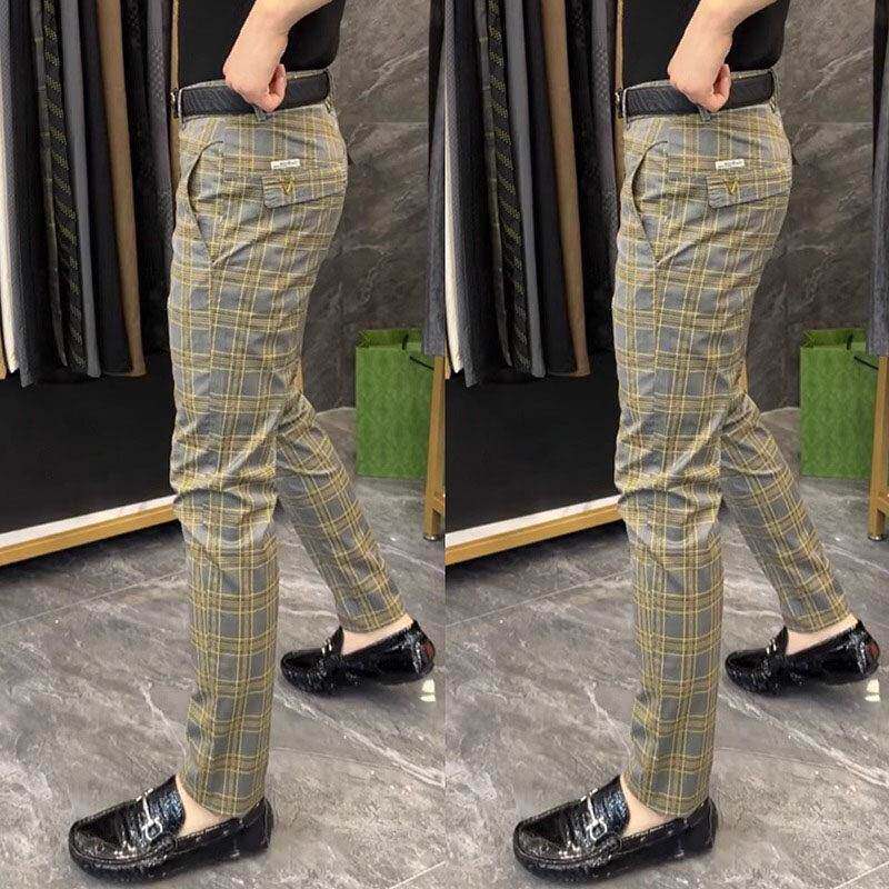 轻奢高端格纹男士休闲裤潮流小脚时尚格子西裤韩版修身百搭长裤子