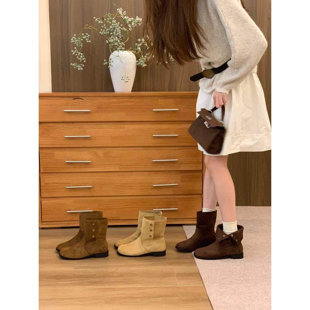 潮牌粗跟覆古美拉德马丁靴女靴子2025冬季配裙子西部牛仔绒面短靴