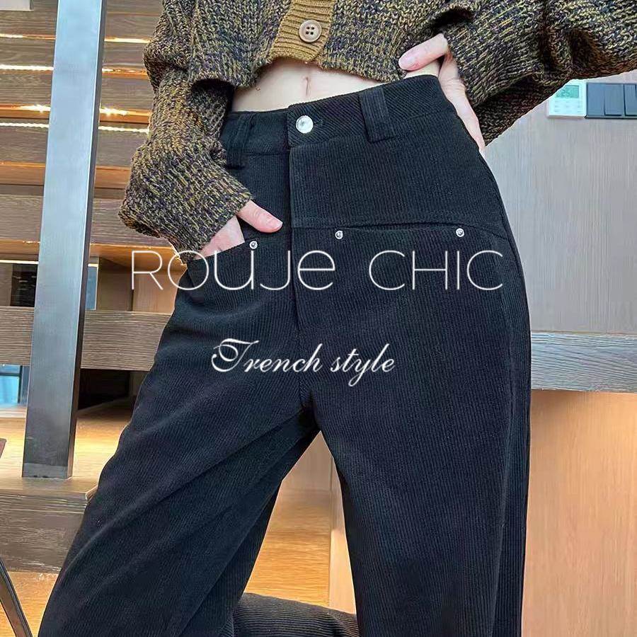 法国rouje chic法式复古风黑色雪尼尔窄版阔腿裤女秋冬加绒西装裤