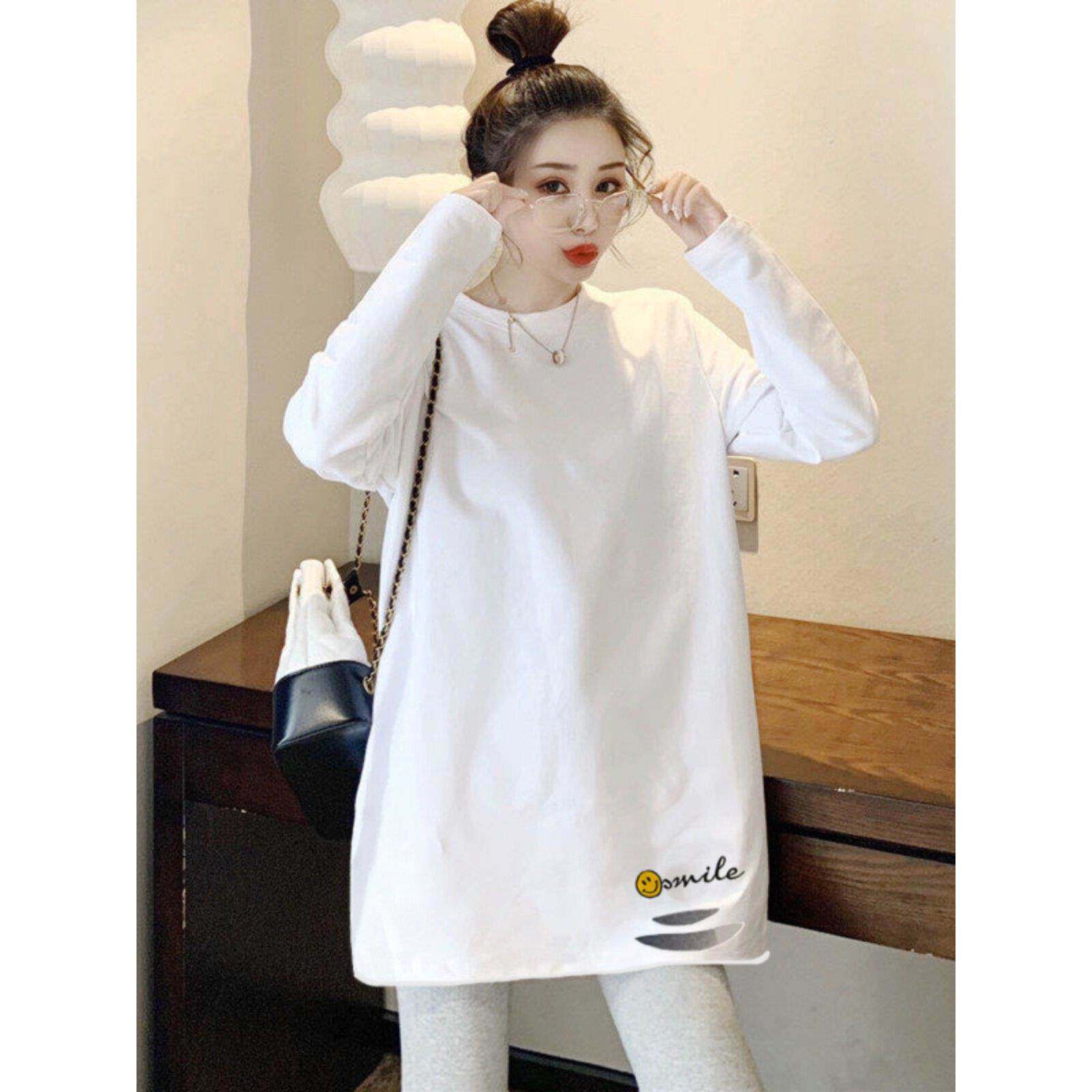 韩国秋装新款白色长袖t恤女宽松内搭破洞打底衫中长款纯棉上衣服