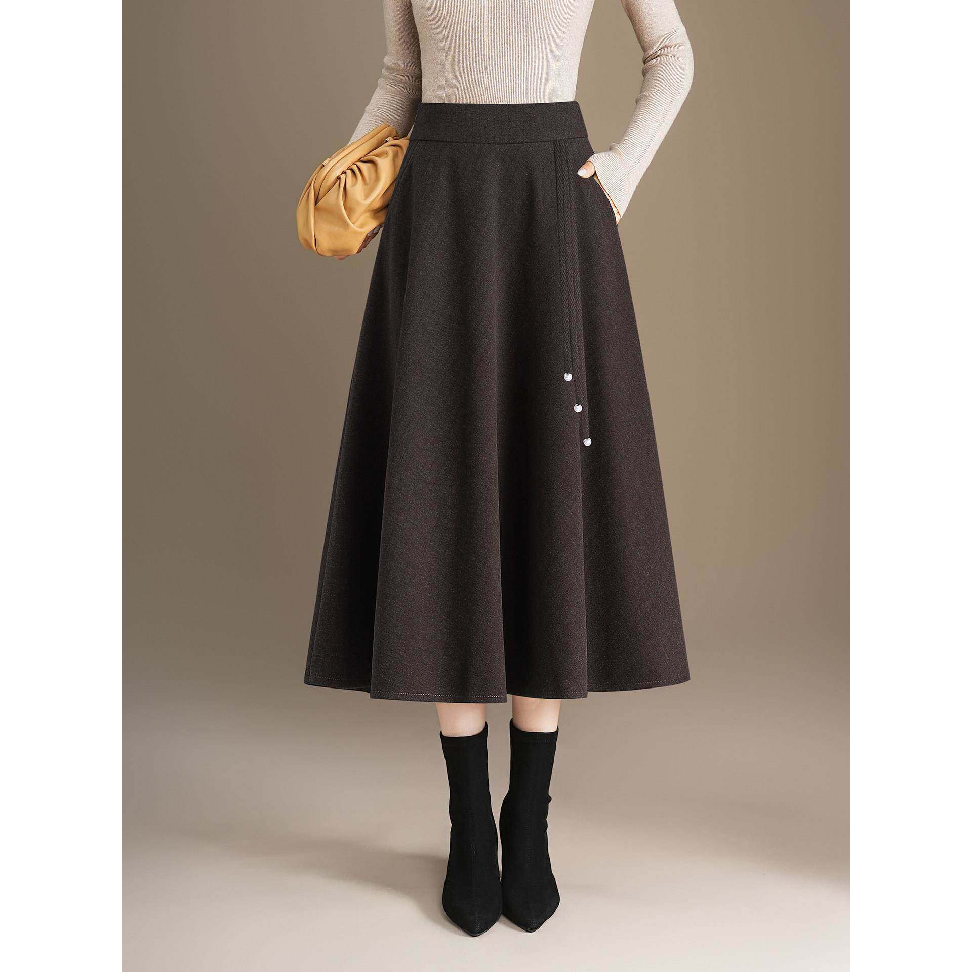 毛呢半身裙女2025秋冬季中长裙高腰遮肉a字裙显瘦高级感大摆伞裙