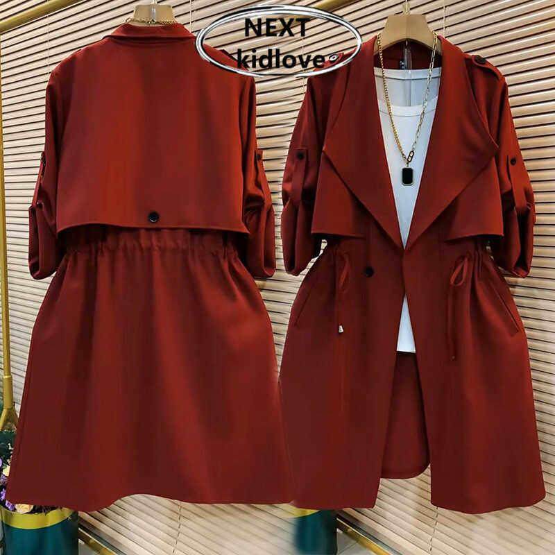 香港大码红色长袖风衣外套女装中长款收腰显瘦设计感春秋胖mm上衣