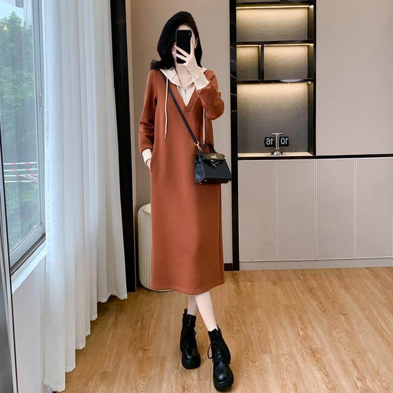 香港大码撞色拼接休闲连帽连衣裙胖mm长款遮肉直筒卫衣裙打底加绒,女装/女士精品,连衣裙,淘宝优惠券,粉丝福利购,淘宝优惠卷