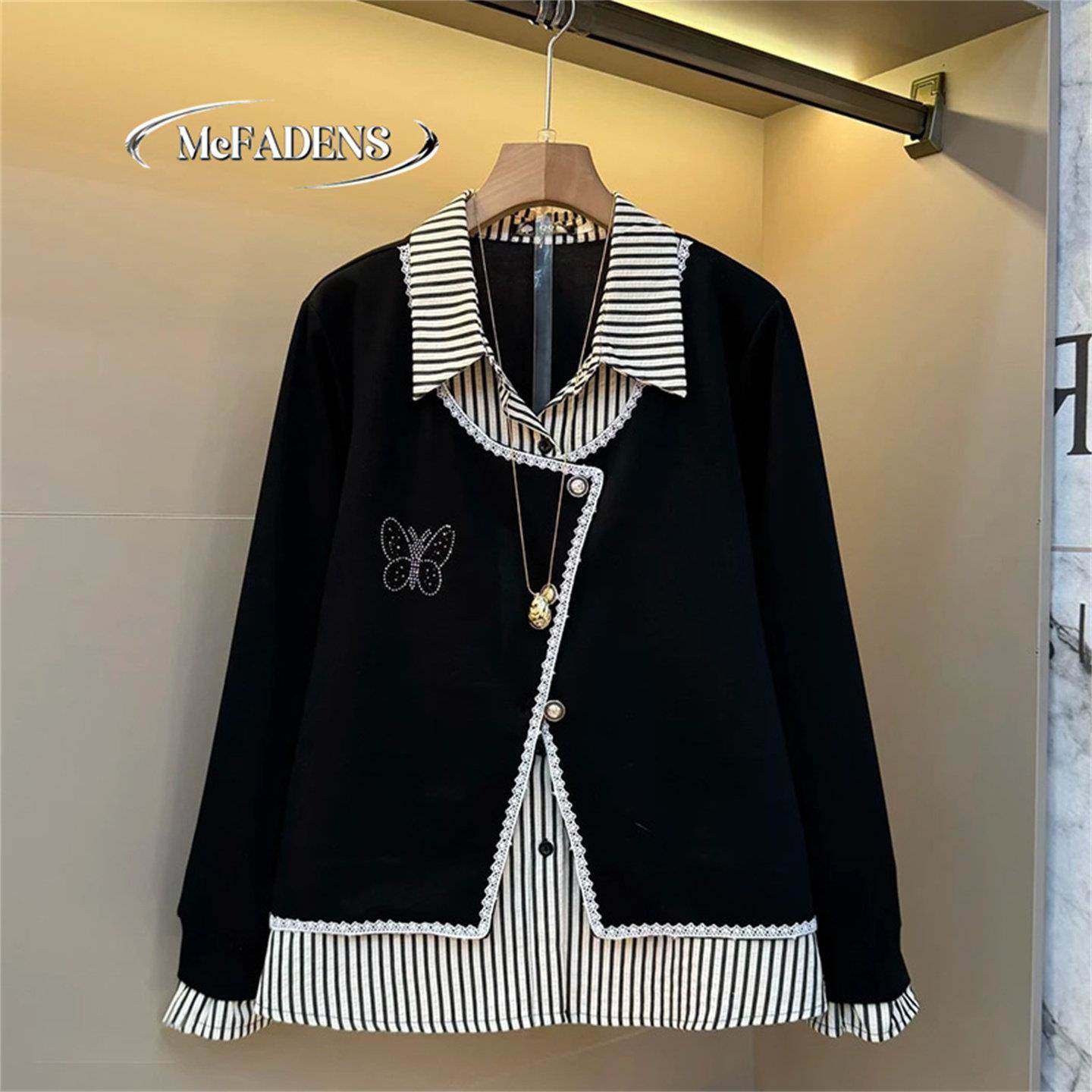 香港胖妹妹条纹拼接纽扣亮钻蝴蝶上衣冬款大码女装百搭假两件衬衫,女装/女士精品,大码内搭,淘宝优惠券,粉丝福利购,淘宝优惠卷