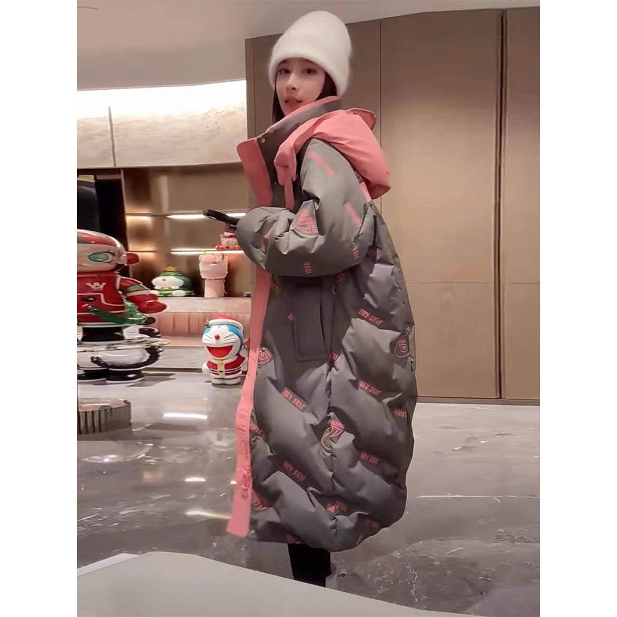 欧洲站秋冬新款欧货重工拼接连帽羽绒服女中长款90白鸭绒保暖外套