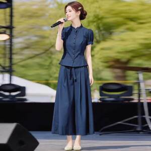 香港代购时尚新中式国风套装女夏季新款短袖衬衫阔腿裤显瘦两件套