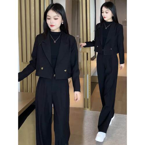 香港代购时尚西装套装女2024春秋新款洋气减龄小西服阔腿裤两件套