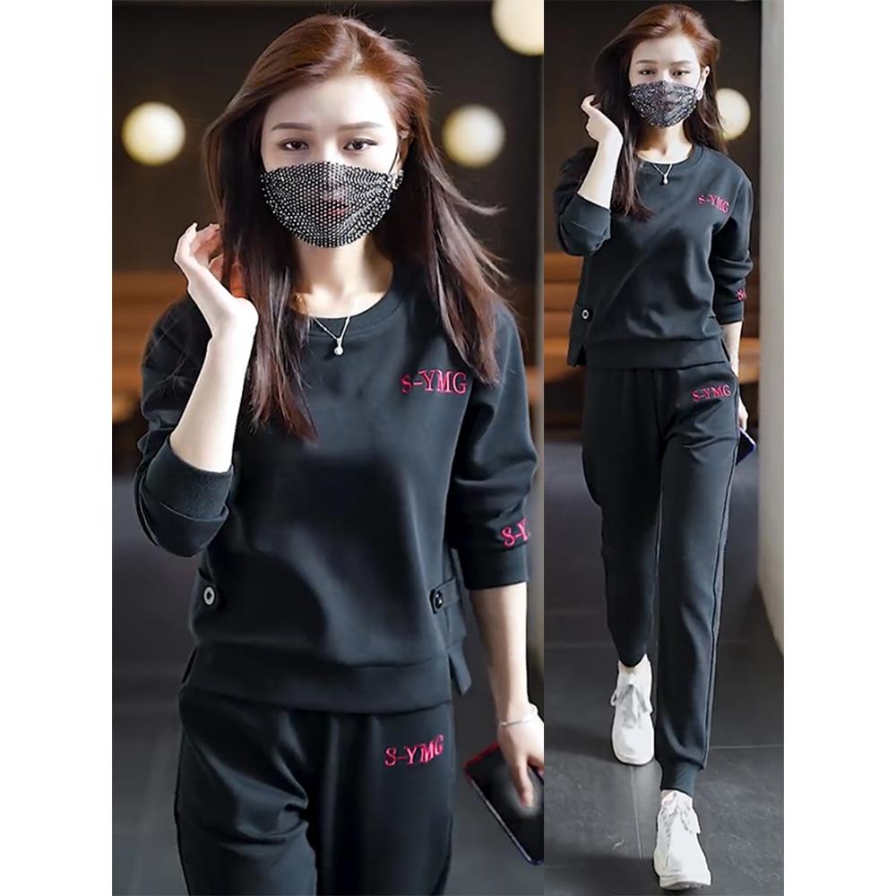 香港时尚休闲圆领卫衣套装女2025年春秋新款韩版宽松运动服两件套