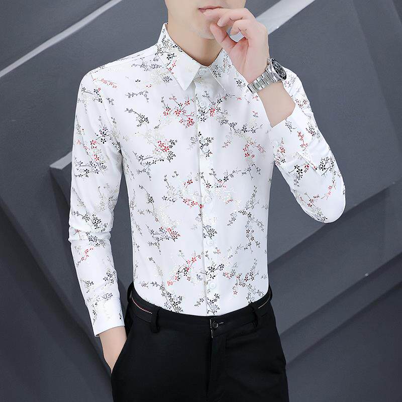 潮牌1212碎花衬衫长袖高级感免烫发型师痞帅气衬衣男修身春秋寸衫