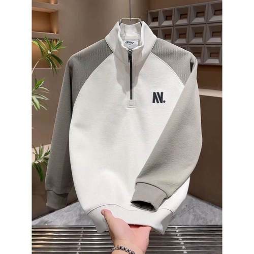 MAROLIO~帅气有型！潮流半拉炼立领卫衣男士时尚印花撞色套头上衣