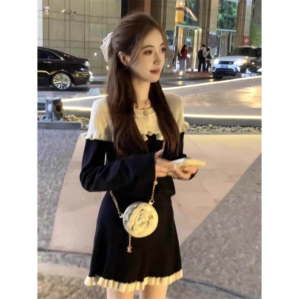 欧洲站秋季新款减龄显高小个子针织衫小香风公主裙韩剧套装连衣裙