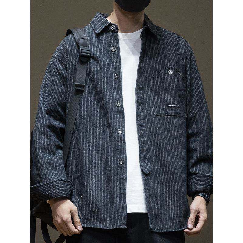 it neith BIAS潮牌日系条纹提花牛仔长袖衬衫男宽松大码衬衣外套,男装,大码上装,淘宝优惠券,粉丝福利购,淘宝优惠卷