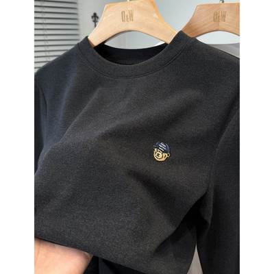 MAROLIO~德绒打底衫男款冬季小熊刺绣磨毛长袖休闲圆领修身内搭男