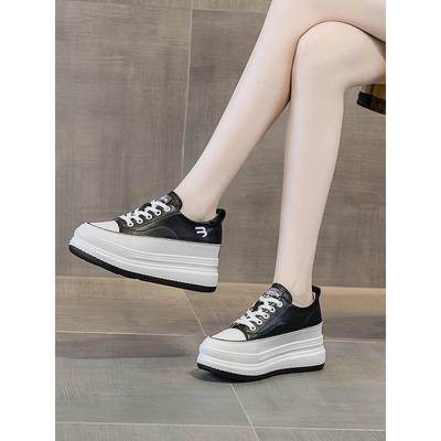 网红爆款黑色板鞋女内增高8CM秋透气真皮单鞋休闲运动旅游小皮鞋