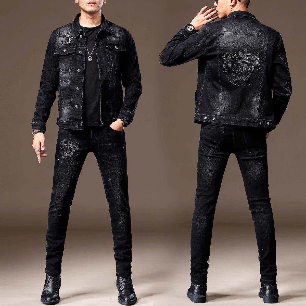 高端2025春季新款印花烫钻牛仔外套男潮牌修身套装搭配夹克外套男
