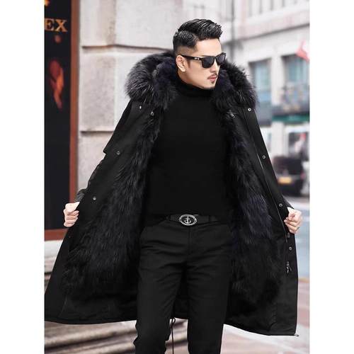 PALM CITY男款中长款皮草貂内胆皮毛一体可拆卸大衣外套冬季款