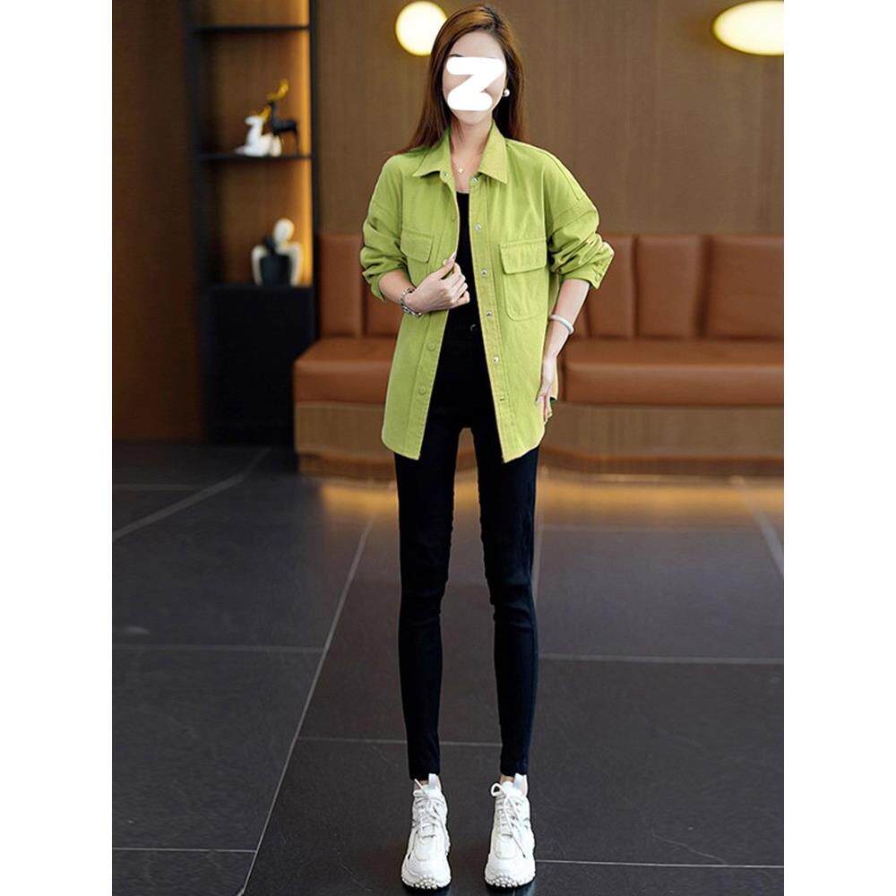 香港TIMO纯棉牛仔衬衫外套女装秋季新款宽松休闲中长款遮屁股开衫