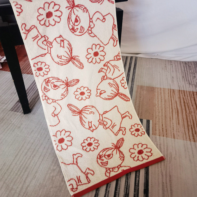 出口日本纯棉色织提花弱捻纱刺绣米奇头姆明亚美毛巾洗脸巾面巾