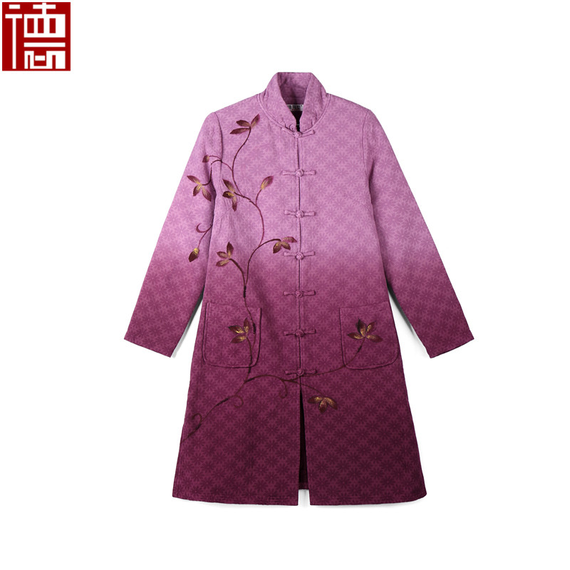 德。秋冬新款棉民族风女装中长款唐装外套 中式盘扣提花渐变棉服