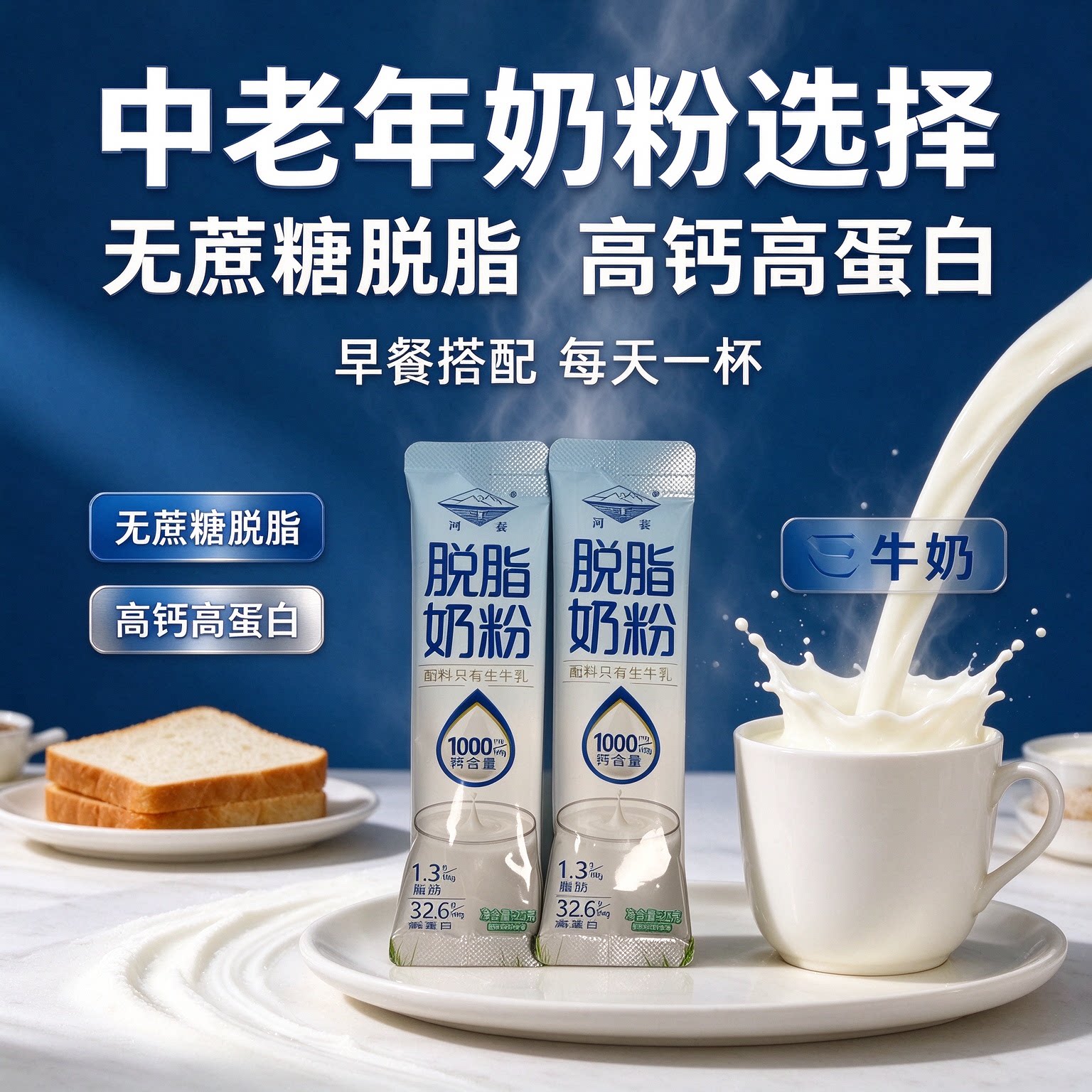 河套脱脂奶粉无糖0脂肪独立包装正品孕妇营养健身糖人速溶高蛋白