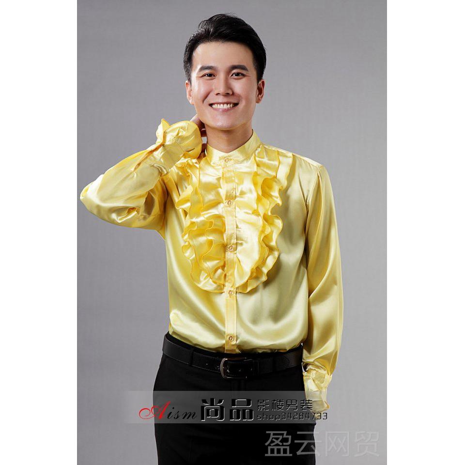 正品影拍楼照立宫廷领花边衬衫大合服唱男装礼服舞台演出紫黄白色图片