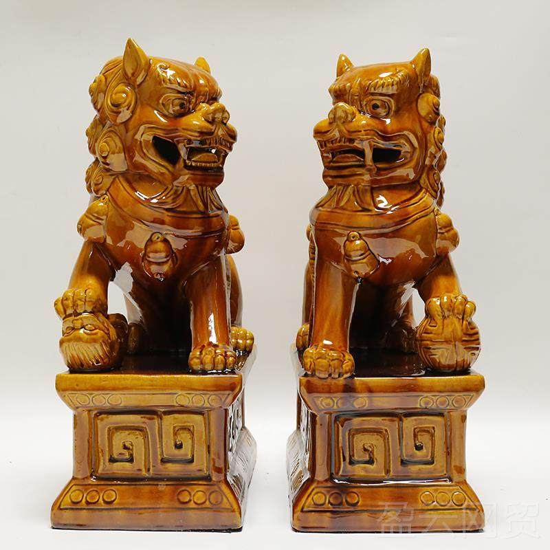 正品唐三彩陶瓷狮子口一对摆件客厅玄内关室外工艺品礼室品门摆放